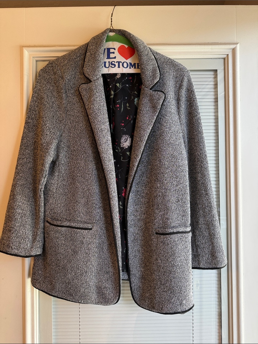 Skies Are Blue Gray Open Front Blazer with Black Trim